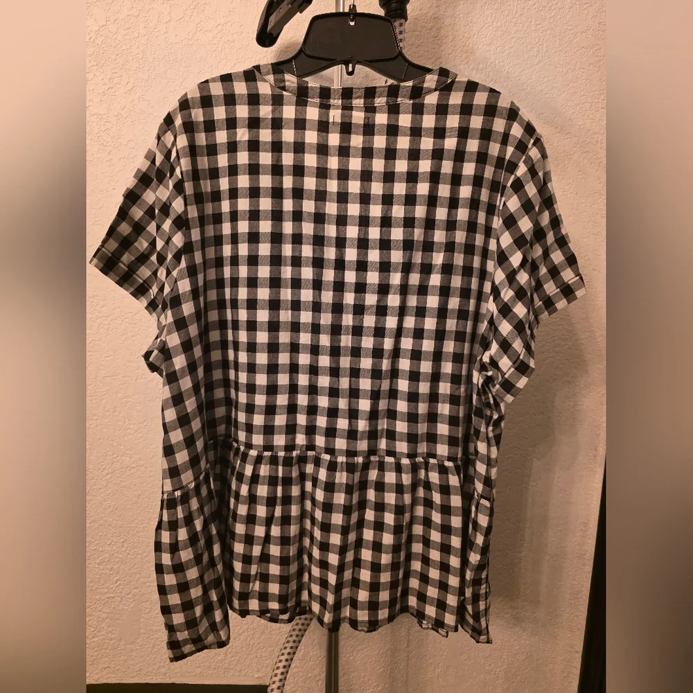 Black and White Gingham Button-Front Peplum Shirt Top Cotton Rayon Women's 2x - Picture 2 of 8